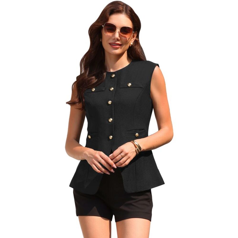 Women Summer Casual Sleeveless Crew Neck Button Down Waistcoat Black